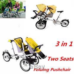 3 in1 Folding Mother Bicycle Twin Baby Toddler Stroller Pushchair Bike 2 Seats