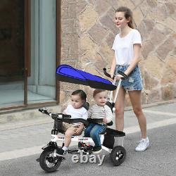 4-In-1Twins Double Kid Easy Steer Stroller Children Toy Tricycle Detachable Blue