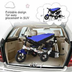 4-In-1Twins Double Kid Easy Steer Stroller Children Toy Tricycle Detachable Blue
