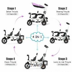4-In-1Twins Double Kid Easy Steer Stroller Children Toy Tricycle Detachable Pink