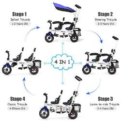 4-In-1Twins Double Kid Easy Steer Stroller Toy Tricycle Detachable WithCanopy Blue