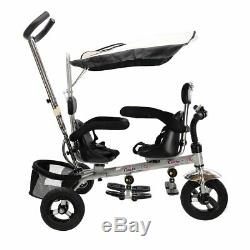 4 In 1 Twins Kids Baby Stroller Tricycle Safety Double Rotatable Seat with Basket