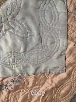 Antique 1920s Hand Sewn & Embroidered Baby Quilt Double Sided Satin Pink Blue