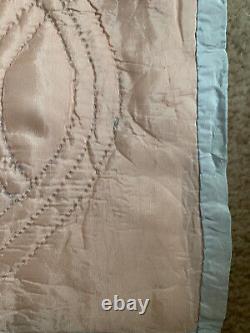 Antique 1920s Hand Sewn & Embroidered Baby Quilt Double Sided Satin Pink Blue