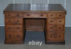 Antique English Victorian Double Sided Oak Twin Pedestal 18 Drawer Kneehole Desk