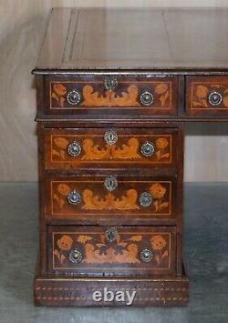 Antique Restored Dutch Marquetry Inlaid Double Sided Twin Pedestal Partners Desk