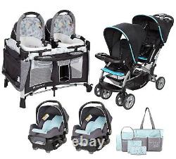 Aqua Blue Baby Double Stroller with 2 Car Seats Combo Twins Nursery Center Bag