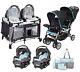 Aqua Blue Baby Double Stroller With 2 Car Seats Combo Twins Nursery Center Bag