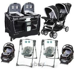 Baby Boy Deluxe Combo Stroller with 2 Car Seats Twins Nursery Center 2 Swings