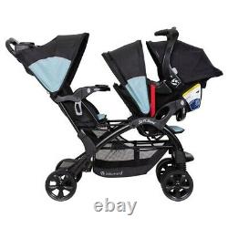 Baby Boy Deluxe Double Stroller with 2 Blue Car Seats Twins Playard 2 Swings Bag