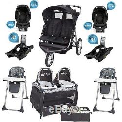 Baby Boy Double Jogger Stroller 2 Car Seats with Bases 2 Chairs Twins Playard