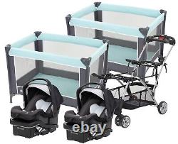 Baby Boy Double Stroller With 2 Car Seats 2 Portable Playards Twins Travel Combo