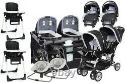 Baby Double Stroller 2 Car Seats 2 Swing 2 High chair Twin Playard Bassinet Set