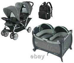 Baby Double Stroller Combo Set Playard Twin Bassinets Diaper Bag Travel Backpack