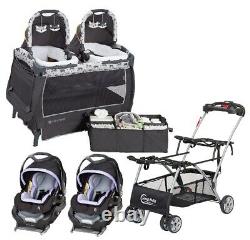 Baby Double Stroller Frame with 2 Car Seats Bases Elite Twins Combo Playard Bag