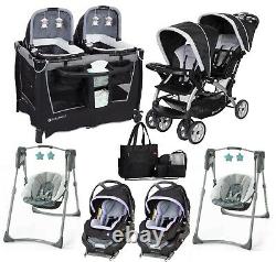 Baby Double Stroller with 2 Car Seats 2 Swings Playard Bag Combo Twins Uni Sets