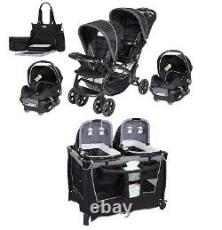 Baby Double Stroller with 2 Car Seats Combo Twins Nursery Center 2 Swings Bag