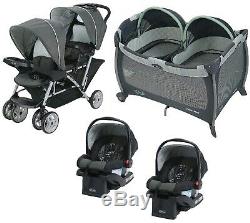 Baby Double Stroller with 2 Matching Car Seats Combo Set Playard Twin Bassinets