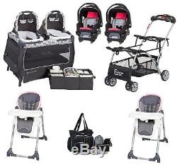 Baby Girl Combo Set Double Stroller Frame 2 Car Seats 2 Chairs Bag Twins Playard
