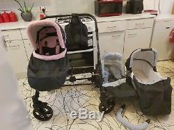 Baby Pram Freestyle Twins Double Pushchair + 1 Carrycot + 2in1 Pink+blue Seats