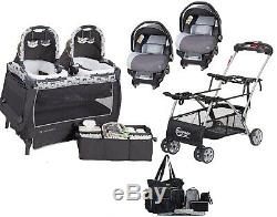 Baby Set Double Stroller Frame with 2 Car Seats Twins Nursery Center Diaper Bag