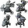 Baby Tandem Double Twin Pram Travel System Grey + Carseat, Carrycot & Raincover