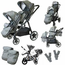 Baby Tandem Double Twin Pram Travel System Grey + Carseat, Carrycot & Raincover