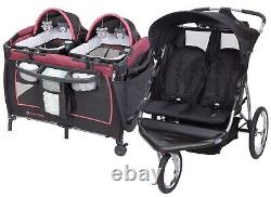 Baby Trend Double Jogger Stroller Combo Twins Deluxe Playard Mega Bundle Set