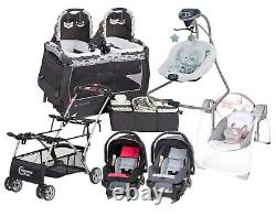Baby Trend Double Stroller with 2 Car Seats Twins Playard Swings Boy & Girl Set