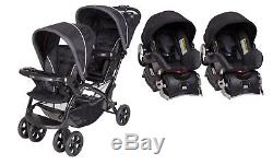 Baby Trend Twin Double Stroller Sit N Stand Two Flex Loc Car Seats with Base