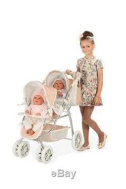 Baby Twin Doll Stroller Double Buggy Pushchair Beige and Cream Pram Twin Doll
