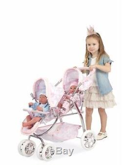 Baby Twin Doll Stroller Double Buggy Pushchair Pink With White Pram Twin Doll