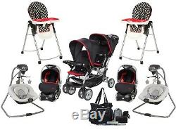 Baby Twins Combo Double Jogger Stroller with 2 Car Seats 2 Chairs 2 Swings Bag