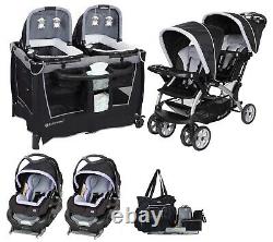 Baby Twins Deluxe Sets of Combo Stroller with 2 Car Seats 2 Swings Playard Bag