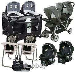 Baby Twins Double Stroller with 2 Car Seats Playard 2 Chairs Bag Newborn Combo