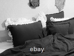 Black Fringes Linen Duvet Cover Black Linen Bedding Set in Twin Full Queen King