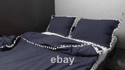Black Pom Pom Linen Bedding Set Queen Comforter Twin Full Queen King Duvet Set