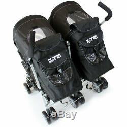Black Twin Double Pram Stroller Buggy Inc Raincover Bag & Luxury Footmuffs