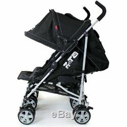 Black Twin Double Pram Stroller Buggy Inc Raincover Bag & Luxury Footmuffs