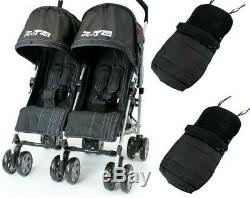 Black Twin Double Stroller Puschair Buggy Inc Raincover & Luxury Footmuffs