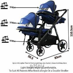 Blue Baby Boy Pram System & In Line Tandem Lightweight + Second Seat + Raincover