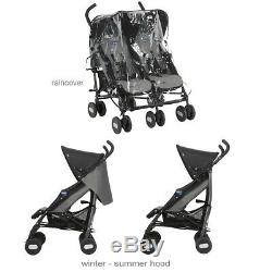 Boys Girls Chicco Lightweight Twin Double Black Grey Stroller Buggy in Raincover