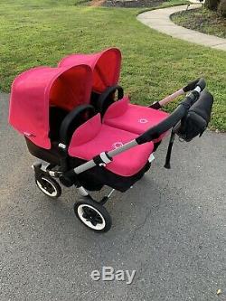 Bugaboo Donkey Twin Double Bassinet Stroller Black with Pink canopies