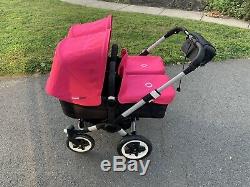 Bugaboo Donkey Twin Double Bassinet Stroller Black with Pink canopies