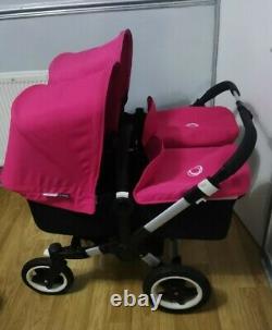 Bugaboo Donkey twin pink with footmuffs, double maxi Cosi car seat adapter etc