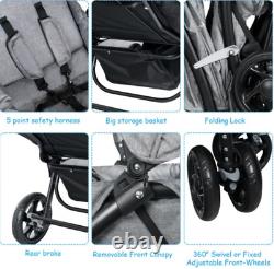 Double Baby Stroller Twin Seat Pushchair Buggy Storage Basket Adjustable Handle