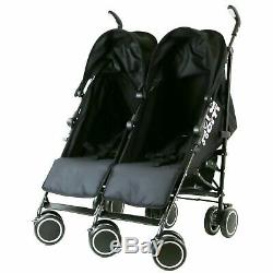 Double Black Grey Twin Stroller Pram Pushchair Buggy inc Raincover & Footmuff