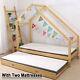 Double Children Floor Bed Frame Toddler Wood Baby Kids Twin Bed Tent + Mattress