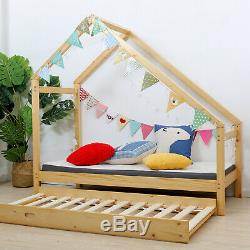 Double Children Floor Bed Frame Toddler Wood Baby Kids Twin Bed Tent + Mattress