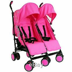 Double Pink Twin Stroller Pram Pushchair Buggy Complete Rain Cover Footmuff